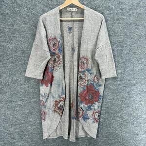 Ginger G Cardigan Women M Medium Gray Floral Open Front 3/4 Sleeve Casual